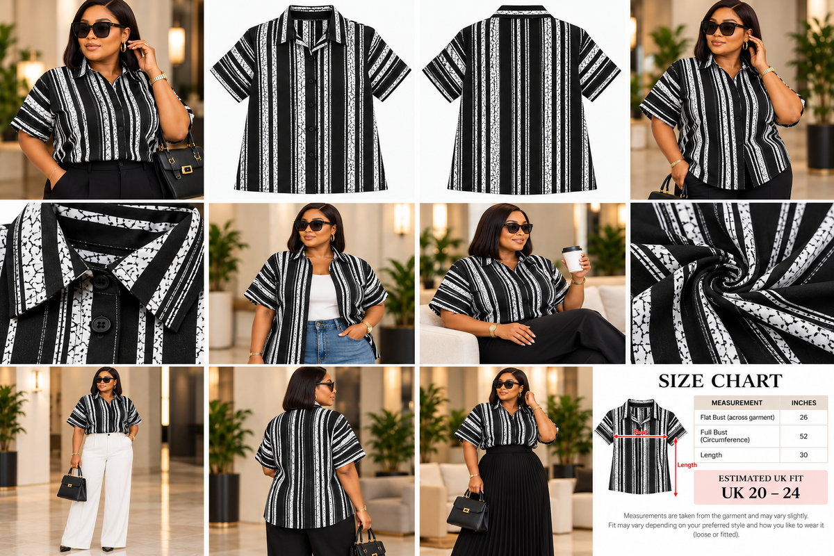 Afriswish Monochrome Plus-Size Button-Down Shirt | Black & White