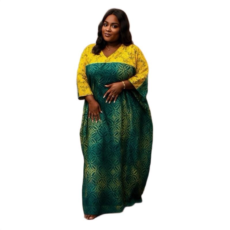 Green & Yellow Adire Kaftan – UK Sizes 14–22 | Afriswish plus size