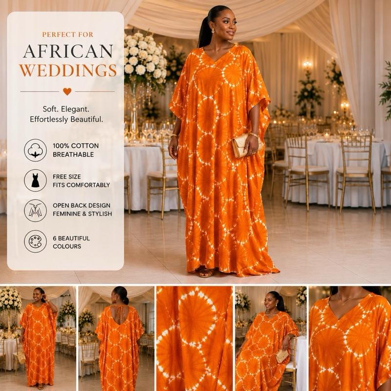 Women’s Cotton Adire Boubou Dress Free Size African Maxi Kaftan Open Back Summer Dress Breathable Casual UK Summer Fashion