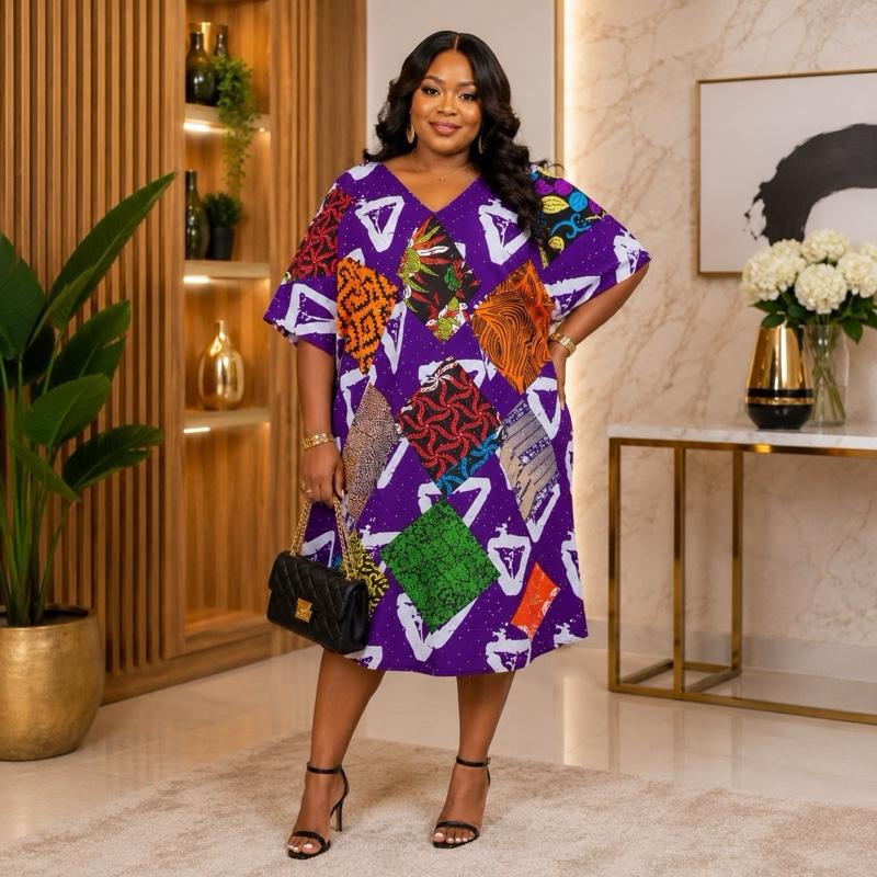 EWA by Afriswish Women's African Patchwork Midi Dress Ankara Print Loose Fit Modest Church & Occasion Wear Premium Fabric V N