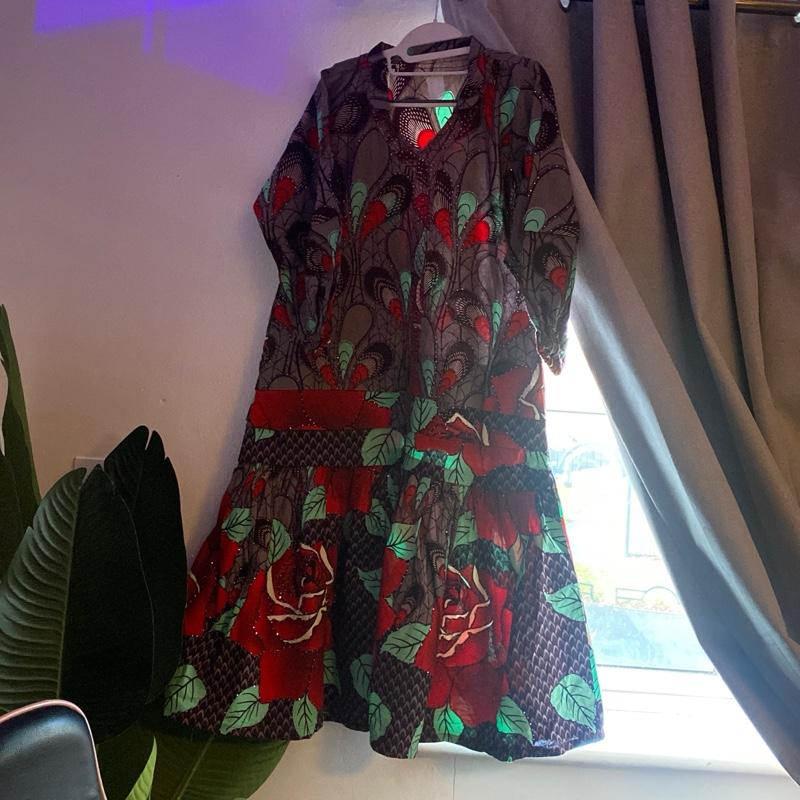 Afriswish Elegant Ankara Floral Peplum Midi Dress with Red Rose Print and Rhinestone Neckline for Women african prom
