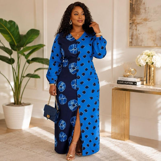 African Dress for Women | Blue Long Sleeve Maxi Dress | Church & Occasion Wear | UK 14–16 Womenswear