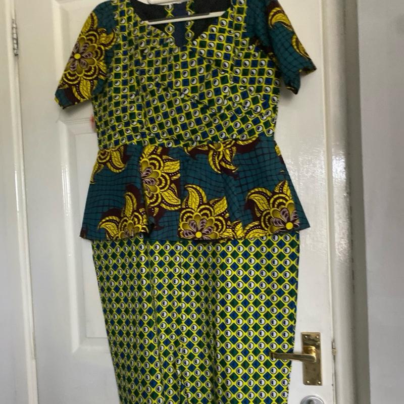 Ankara Peplum Pencil Dress – Vibrant Yellow & Green (UK 14–20) Casual Womenswear