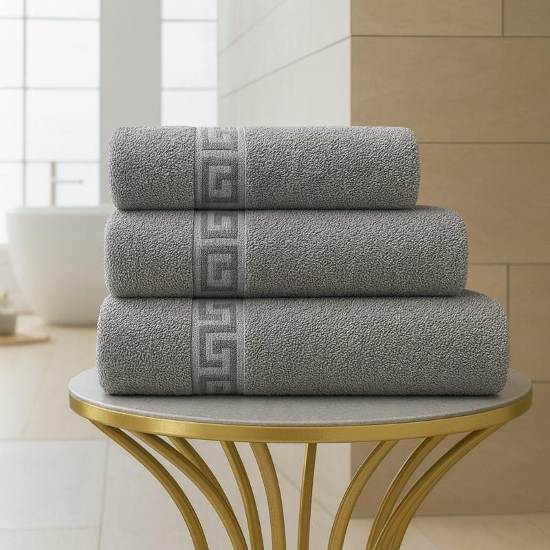 Luxury 3 Piece 100% Egyptian Cotton Bath Towel Set with Greek Border Design 70x140 Soft Absorbent for Everyday Use and Giftin