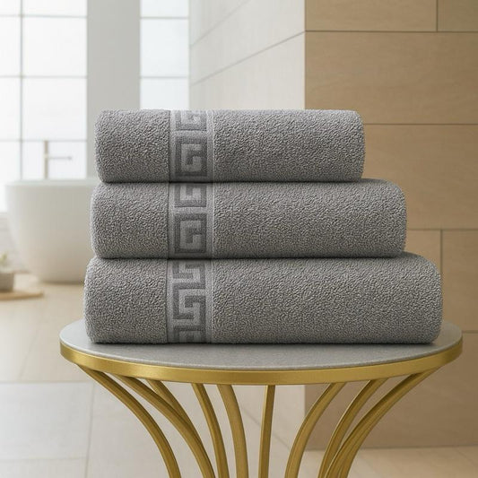 Luxury 3 Piece 100% Egyptian Cotton Bath Towel Set with Greek Border Design 70x140 Soft Absorbent for Everyday Use and Giftin