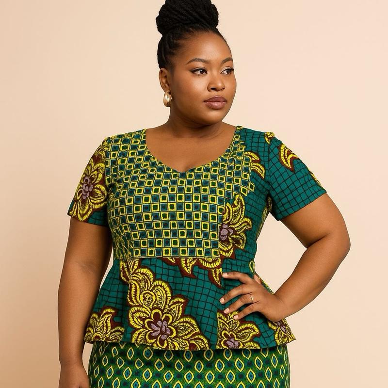 Ankara Peplum Pencil Dress – Vibrant Yellow & Green (UK 14–20) Casual Womenswear