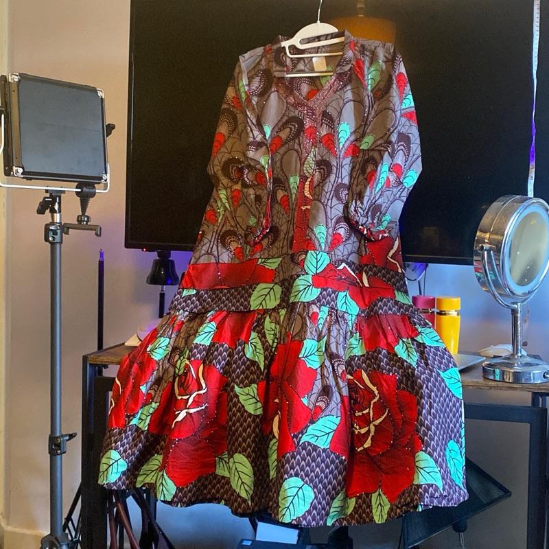 Afriswish Elegant Ankara Floral Peplum Midi Dress with Red Rose Print and Rhinestone Neckline for Women african prom