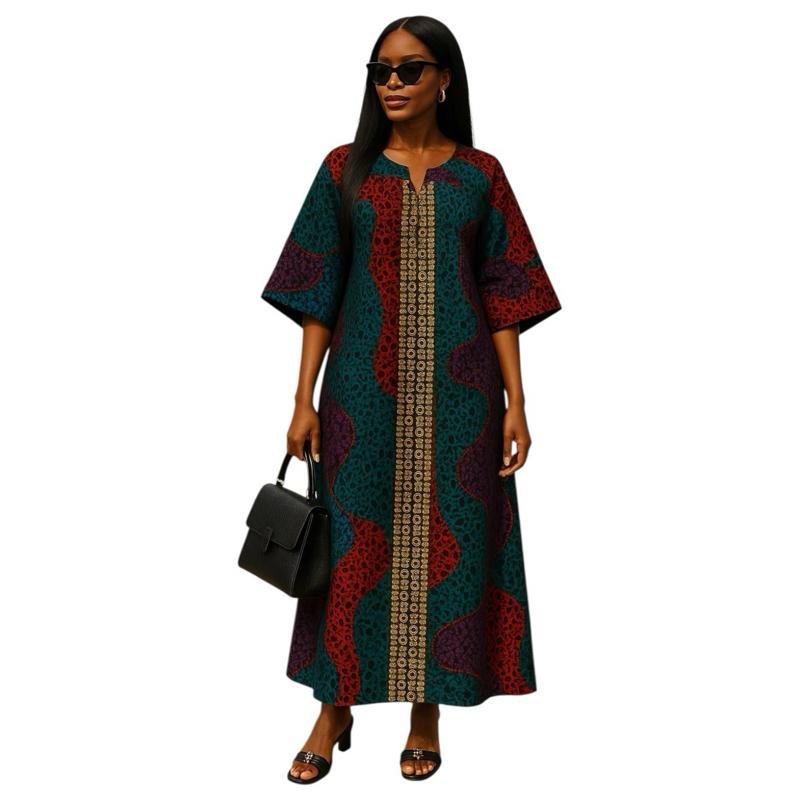 Elegant Ankara Kaftan Dress with Gold Embellishment UK 14-20 - Colorful African Print Maxi Dress for Women Casual Womenswear