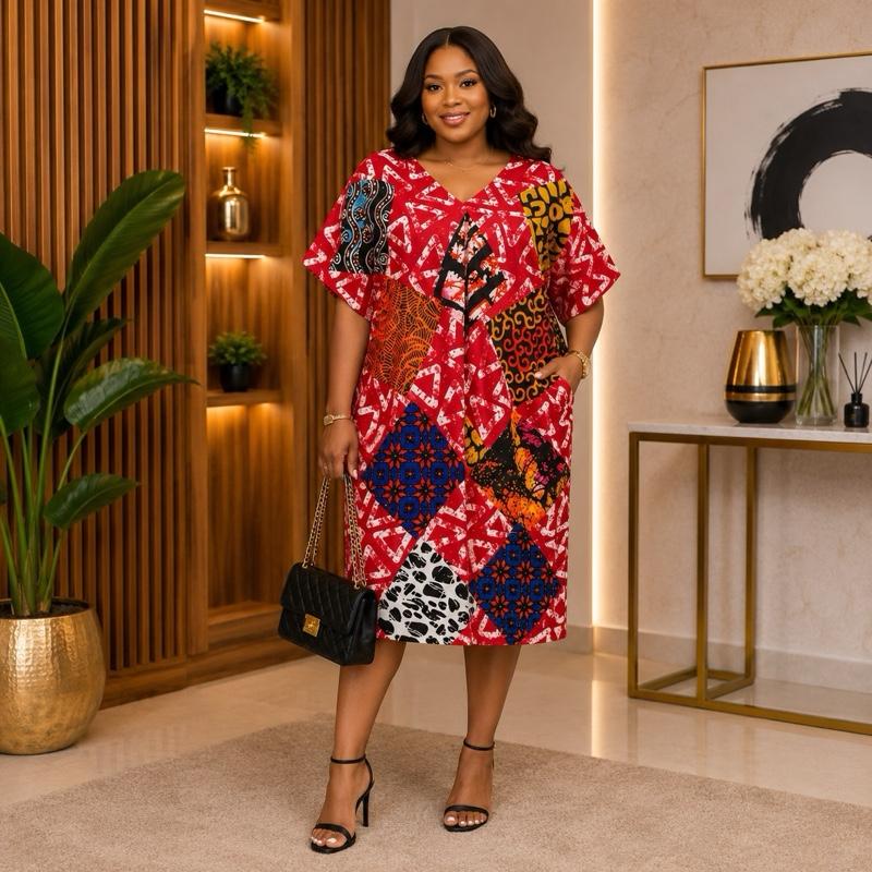 EWA by Afriswish Women's African Patchwork Midi Dress Ankara Print Loose Fit Modest Church & Occasion Wear Premium Fabric V N