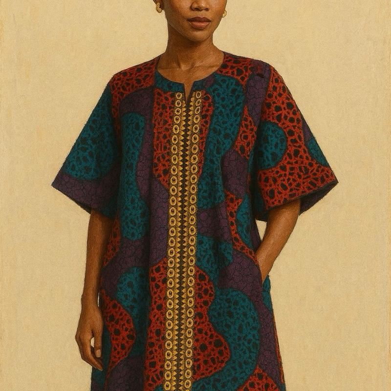 Elegant Ankara Kaftan Dress with Gold Embellishment UK 14-20 - Colorful African Print Maxi Dress for Women Casual Womenswear