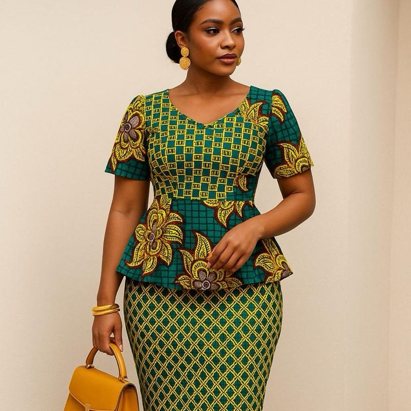 Ankara Peplum Pencil Dress – Vibrant Yellow & Green (UK 14–20) Casual Womenswear