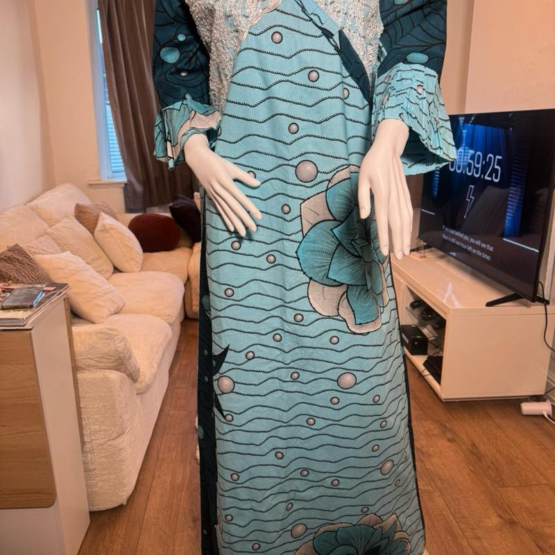 Teal Adire Luxe Kaftan Dress Plus Size 16–20 Elegant Free-Flowing Maxi with Intricate summer dress Casual Fabric