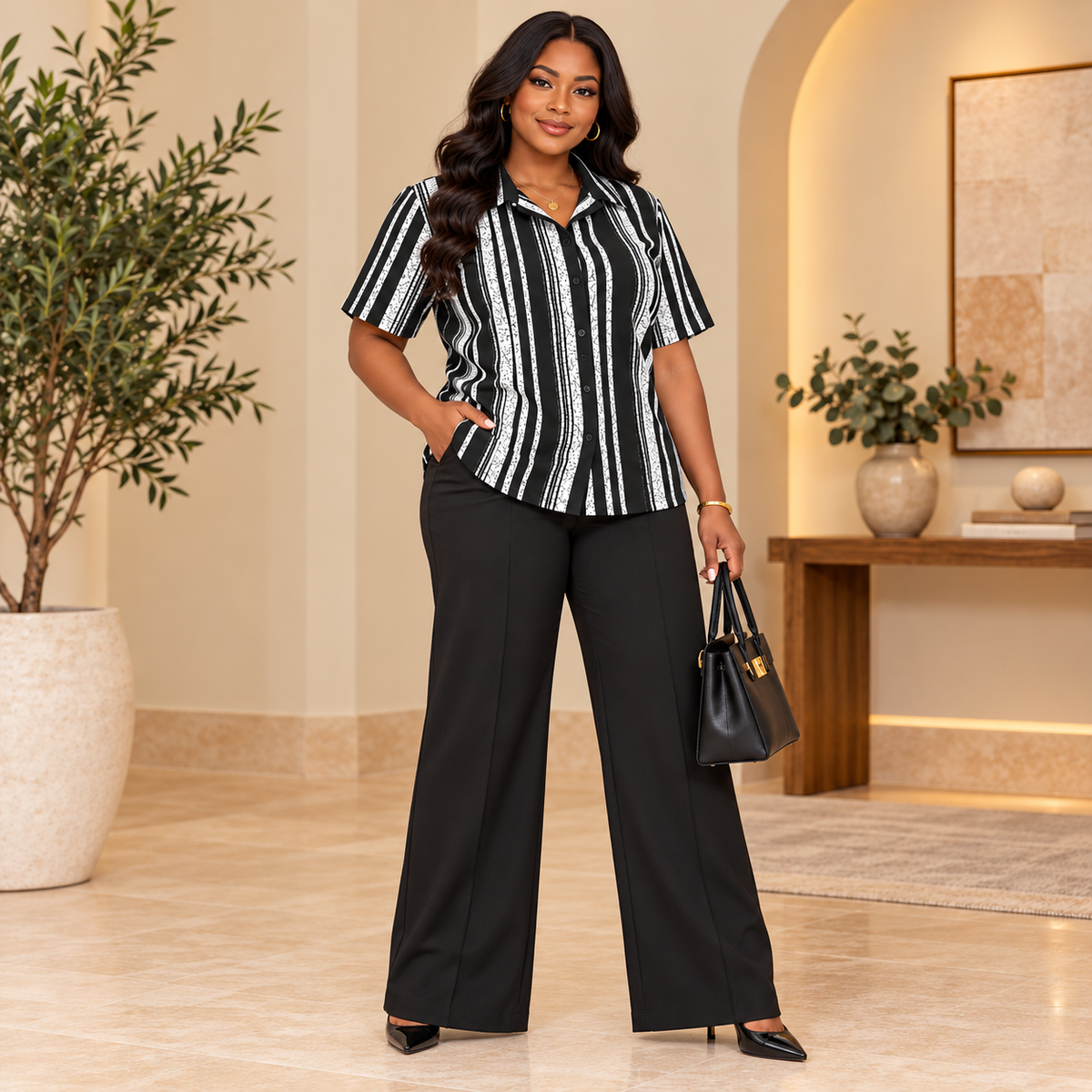 Afriswish Monochrome Plus-Size Button-Down Shirt | Black & White