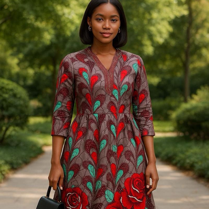 Afriswish Elegant Ankara Floral Peplum Midi Dress with Red Rose Print and Rhinestone Neckline for Women african prom