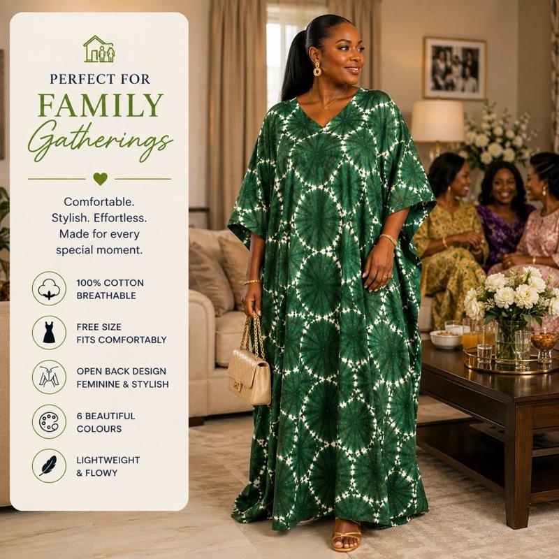 Women’s Cotton Adire Boubou Dress Free Size African Maxi Kaftan Open Back Summer Dress Breathable Casual UK Summer Fashion