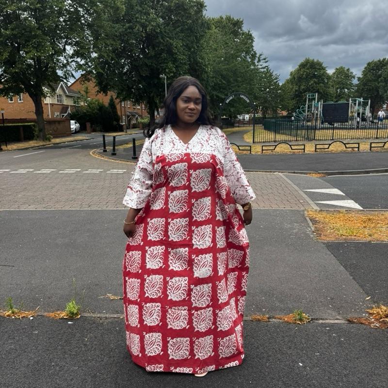 Elegant Red & White Lace Adire Boubou – One Size (Fits UK 16–24) Formal Soft Womenswear Casual Day Dress Elegance Love Piece 