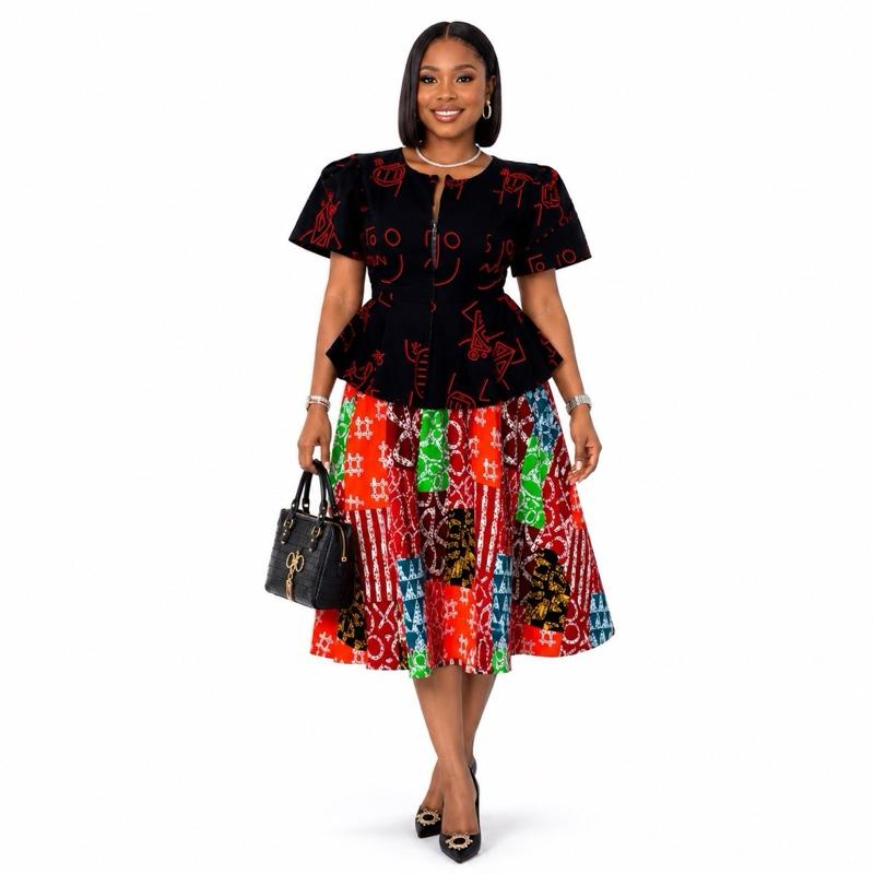 Elegant African Print Matching Set | Women’s 2 Piece Skirt Outfit Breathable Womenswear Dress Style Day Soft Casual Black Cot