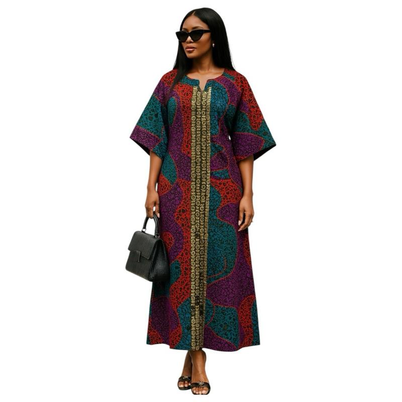 Elegant Ankara Kaftan Dress with Gold Embellishment UK 14-20 - Colorful African Print Maxi Dress for Women Casual Womenswear