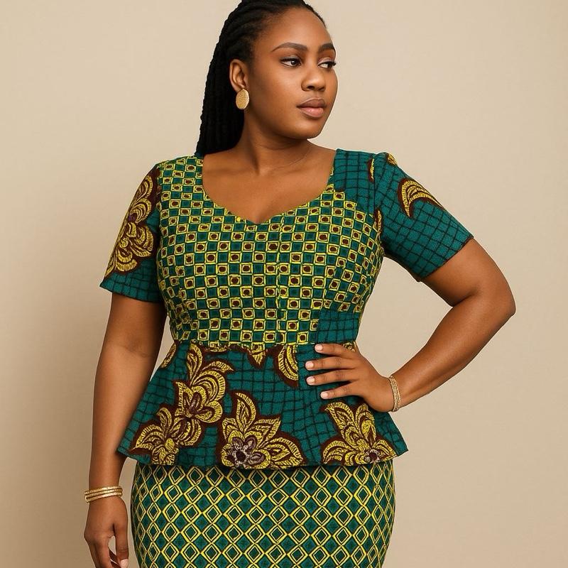 Ankara Peplum Pencil Dress – Vibrant Yellow & Green (UK 14–20) Casual Womenswear