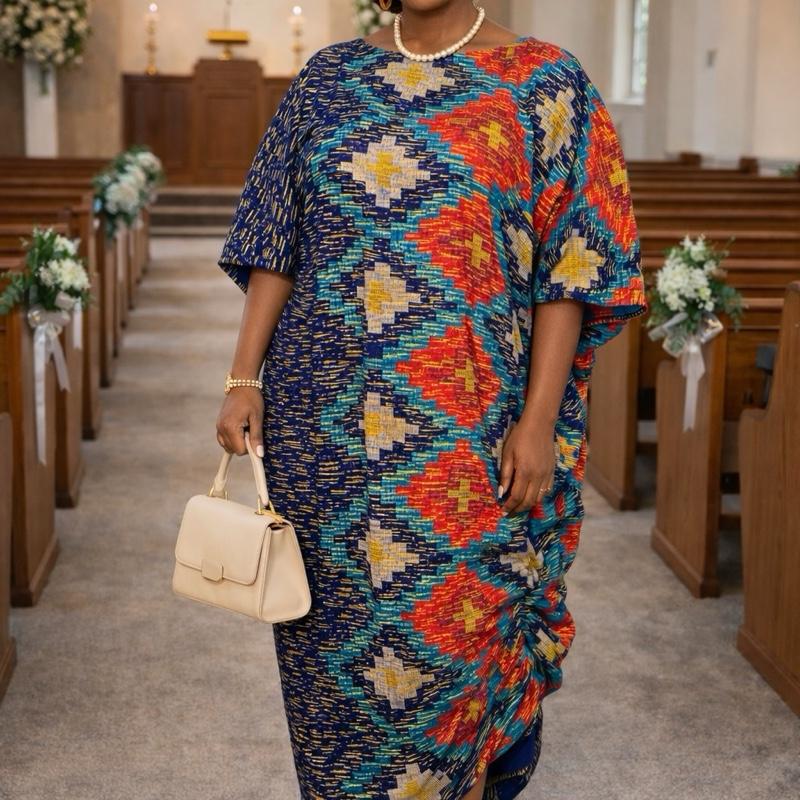 Elegant African Print Ruched Kaftan Dress for Church & Occasion Wear in Vibrant Bouou Pattern Womenswear Clothes