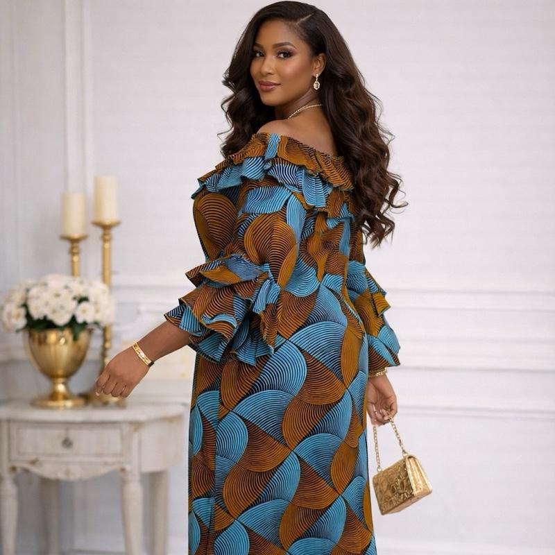 Afriswish A Line Kaftan Dress for Church Event 100 Percent Cotton Ankara Dress with Yellow Floral Print Womenswear Formal Cas