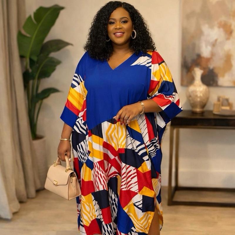 Plus Size African Ankara Kaftan Maxi Dress  Loose Fit Dashiki Bubu for Women