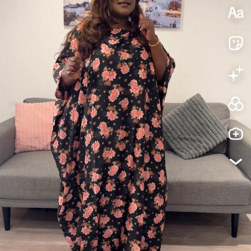 Luxury Silk Boubou Dress with Floral Pattern in Black and Coral for Elegant Wear