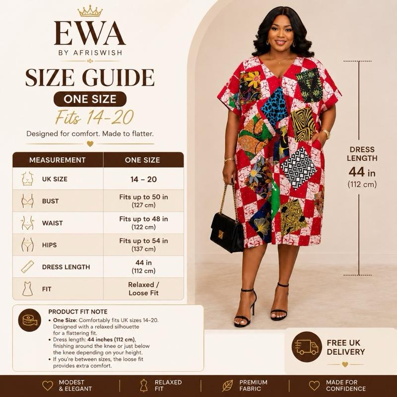 EWA by Afriswish Women's African Patchwork Midi Dress Ankara Print Loose Fit Modest Church & Occasion Wear Premium Fabric V N