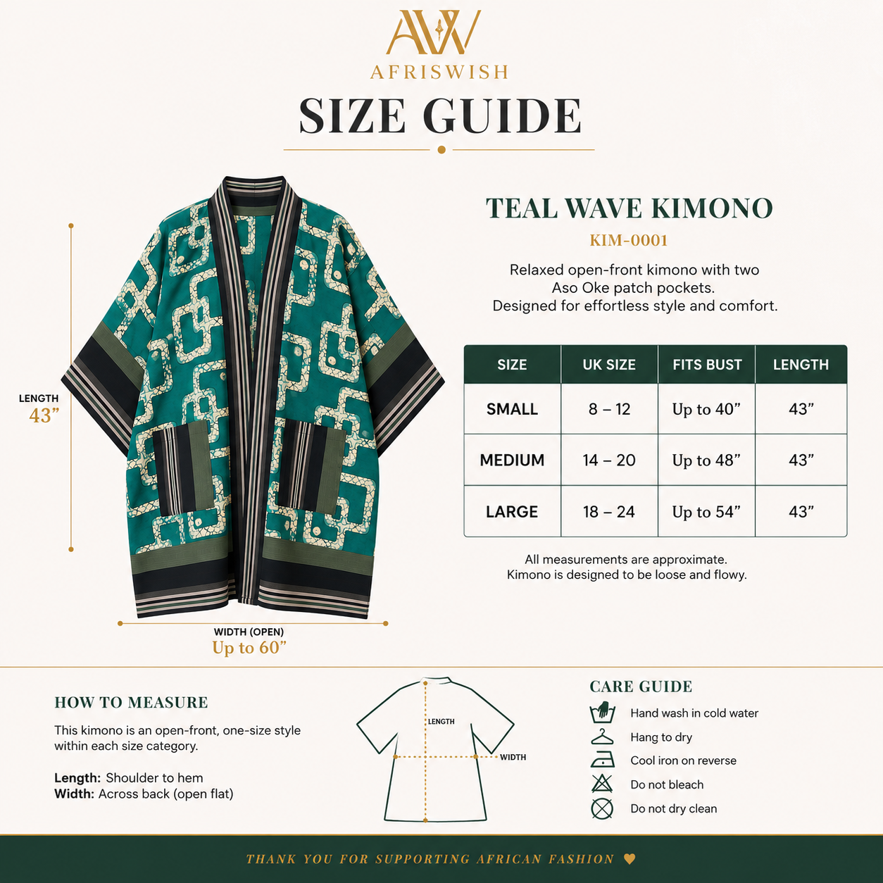 Teal Wave African Print Kimono | Open Front with Aso Oke Pockets