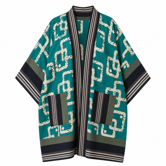 Teal Wave African Print Kimono | Open Front with Aso Oke Pockets