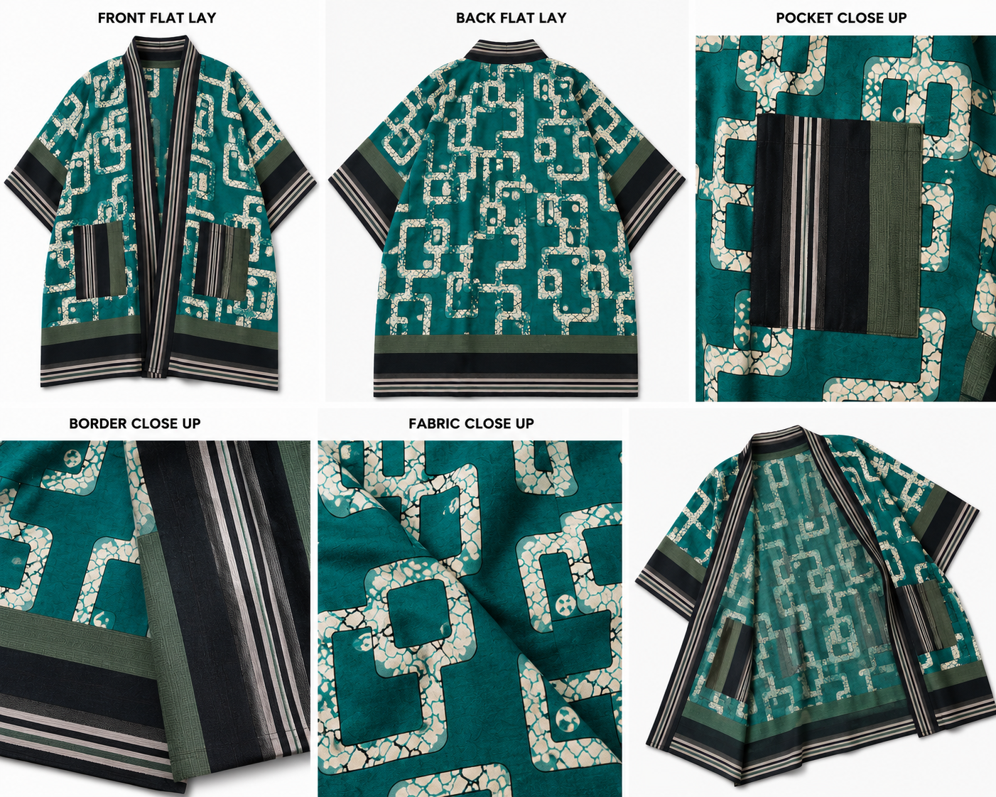 Teal Wave African Print Kimono | Open Front with Aso Oke Pockets