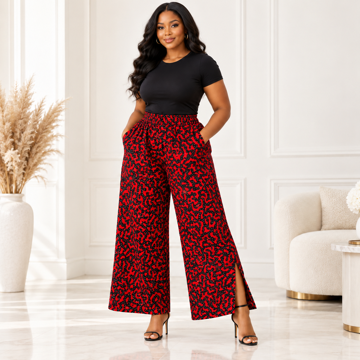 Afriswish Red & Black African Print Wide-Leg Trousers