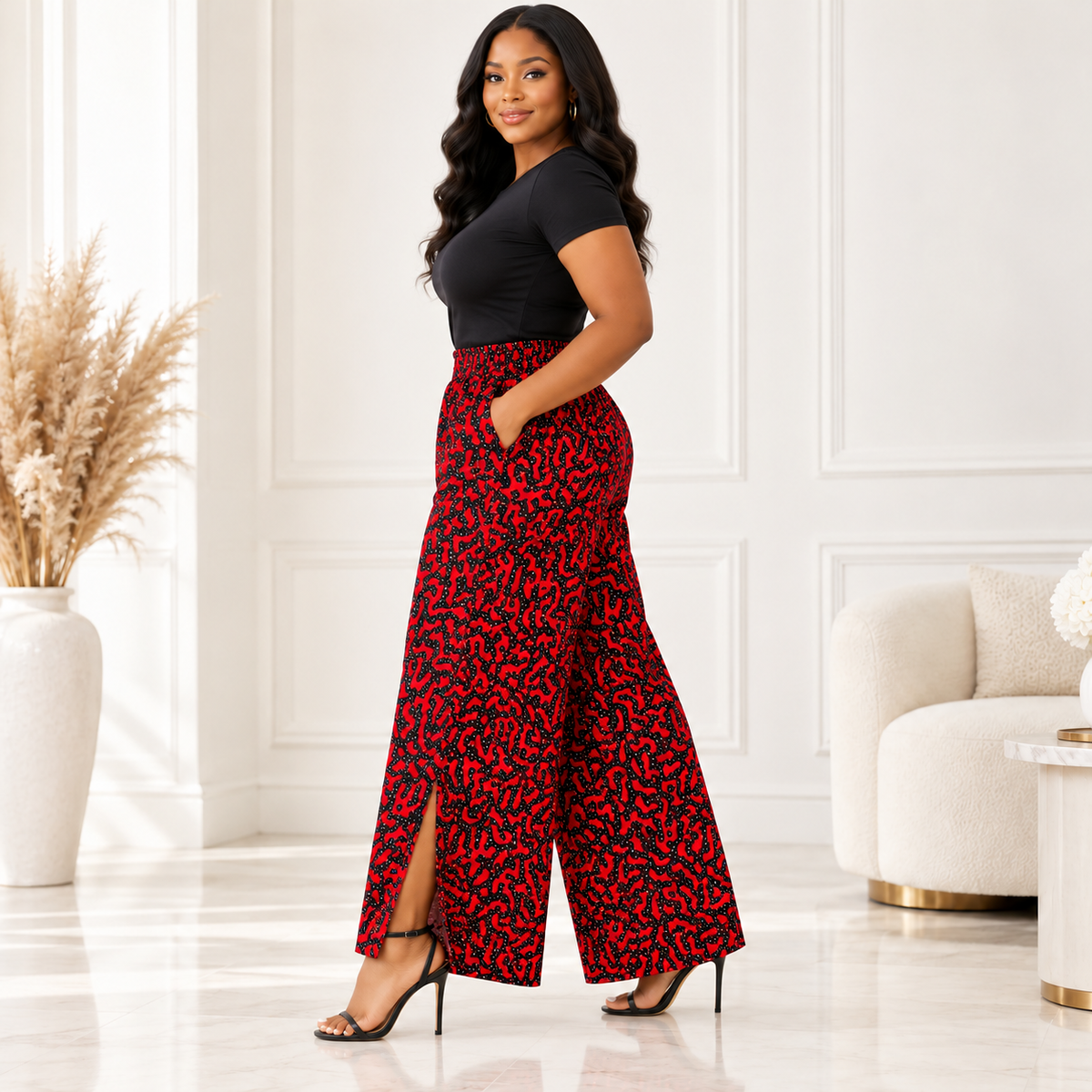 Afriswish Red & Black African Print Wide-Leg Trousers