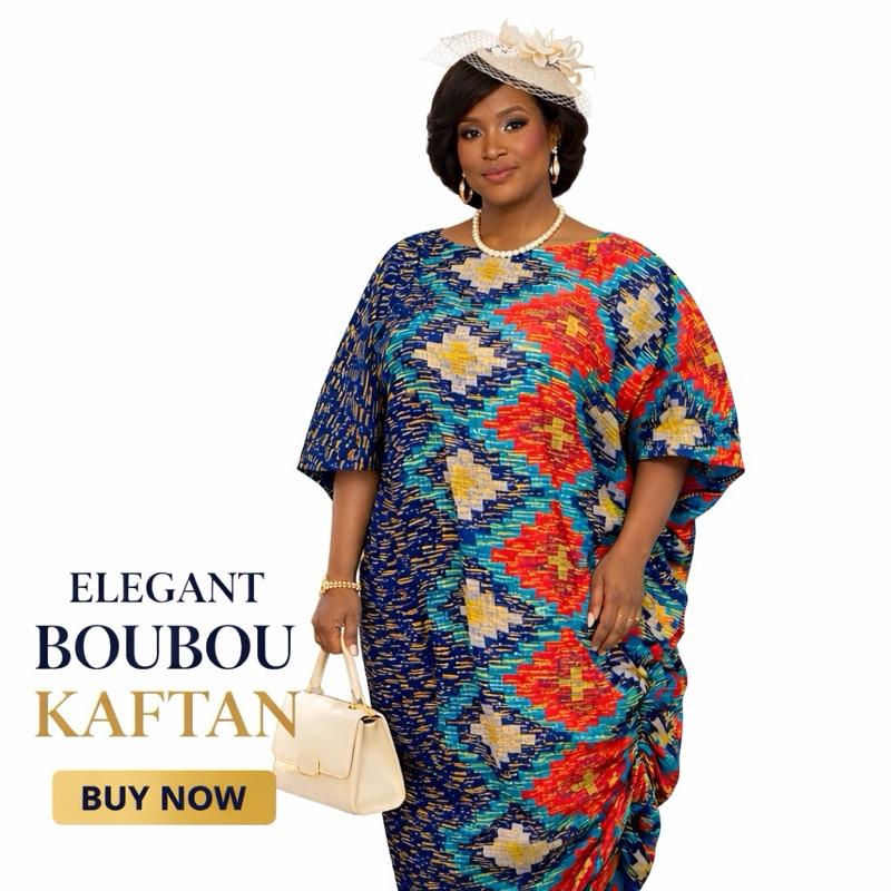Elegant African Print Ruched Kaftan Dress for Church & Occasion Wear in Vibrant Bouou Pattern Womenswear Clothes