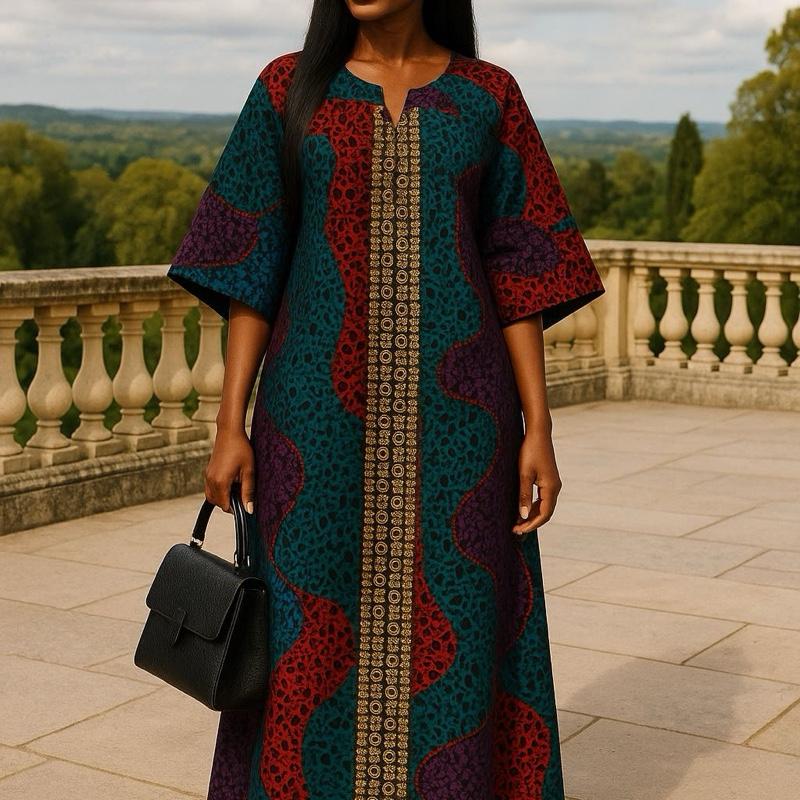 Elegant Ankara Kaftan Dress with Gold Embellishment UK 14-20 - Colorful African Print Maxi Dress for Women Casual Womenswear