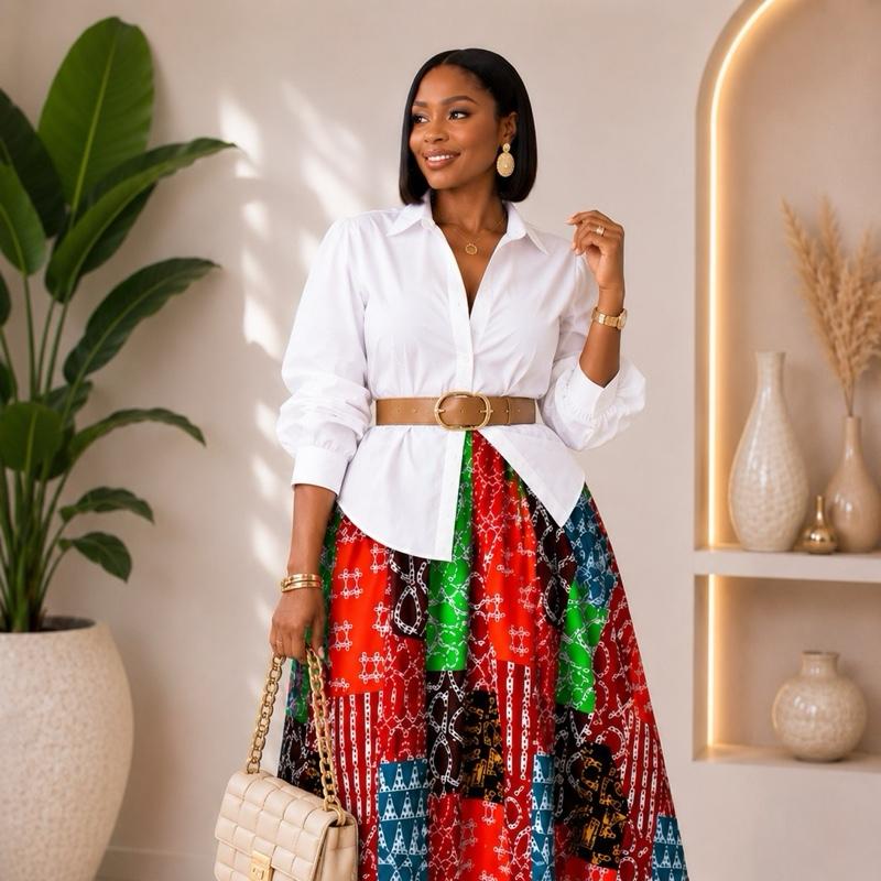 Elegant African Print Matching Set | Women’s 2 Piece Skirt Outfit Breathable Womenswear Dress Style Day Soft Casual Black Cot