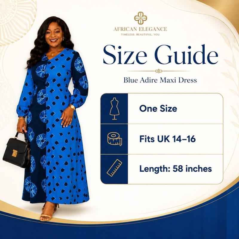 African Dress for Women | Blue Long Sleeve Maxi Dress | Church & Occasion Wear | UK 14–16 Womenswear