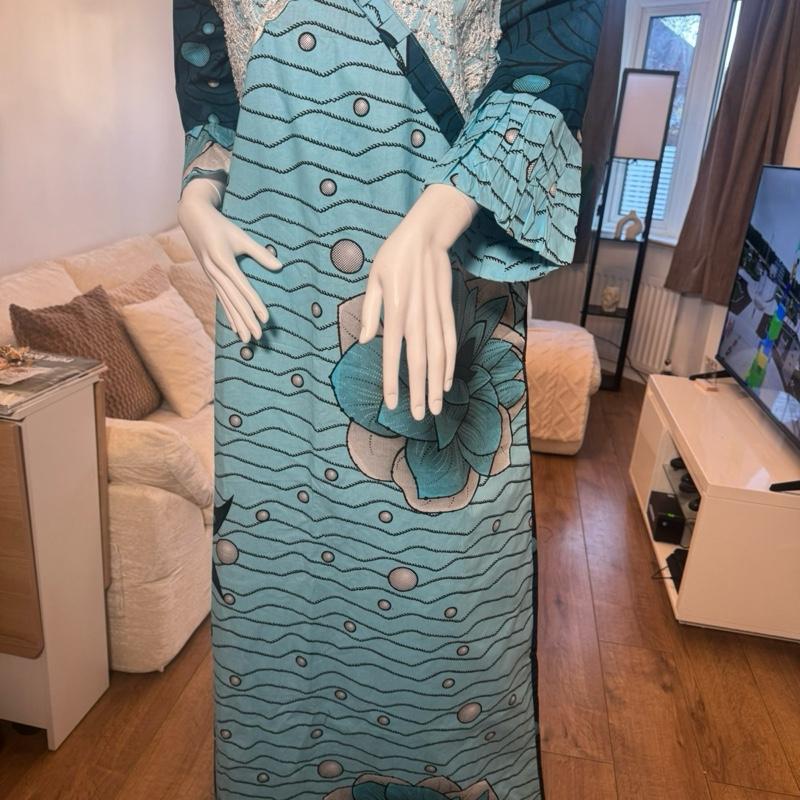Teal Adire Luxe Kaftan Dress Plus Size 16–20 Elegant Free-Flowing Maxi with Intricate summer dress Casual Fabric