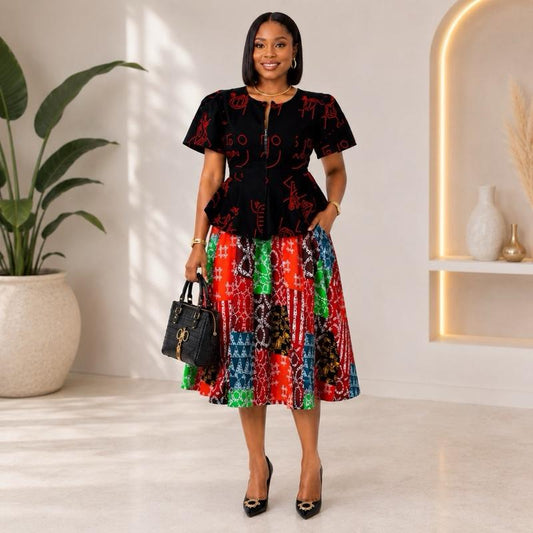 Elegant African Print Matching Set | Women’s 2 Piece Skirt Outfit Breathable Womenswear Dress Style Day Soft Casual Black Cot