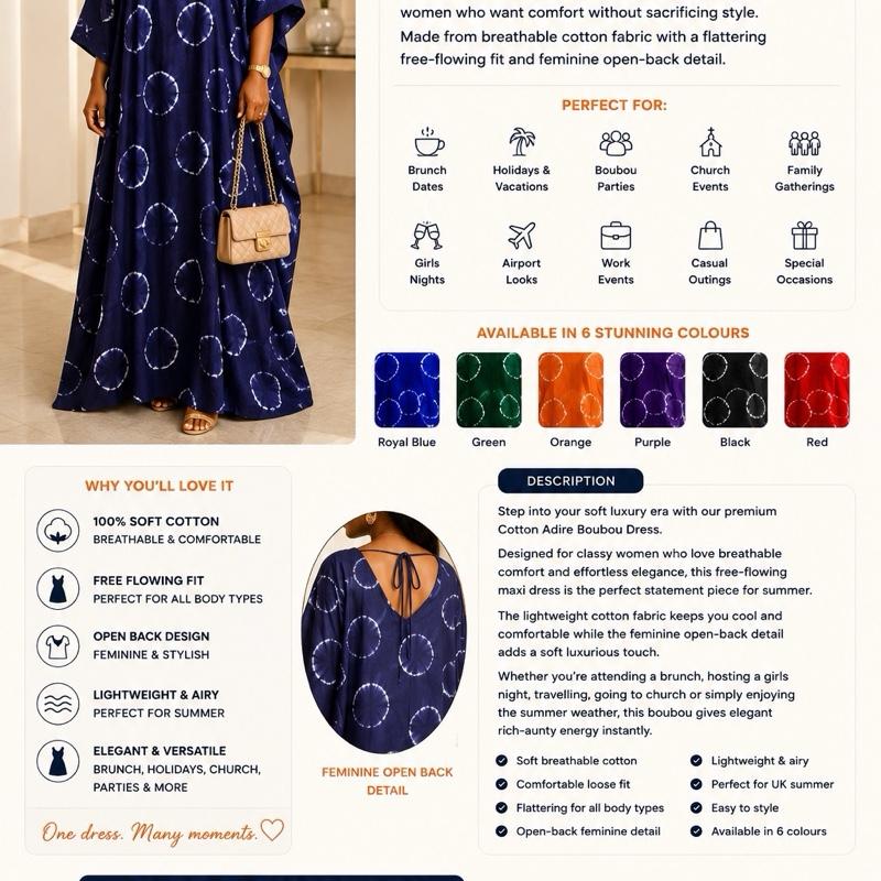 Women’s Cotton Adire Boubou Dress Free Size African Maxi Kaftan Open Back Summer Dress Breathable Casual UK Summer Fashion