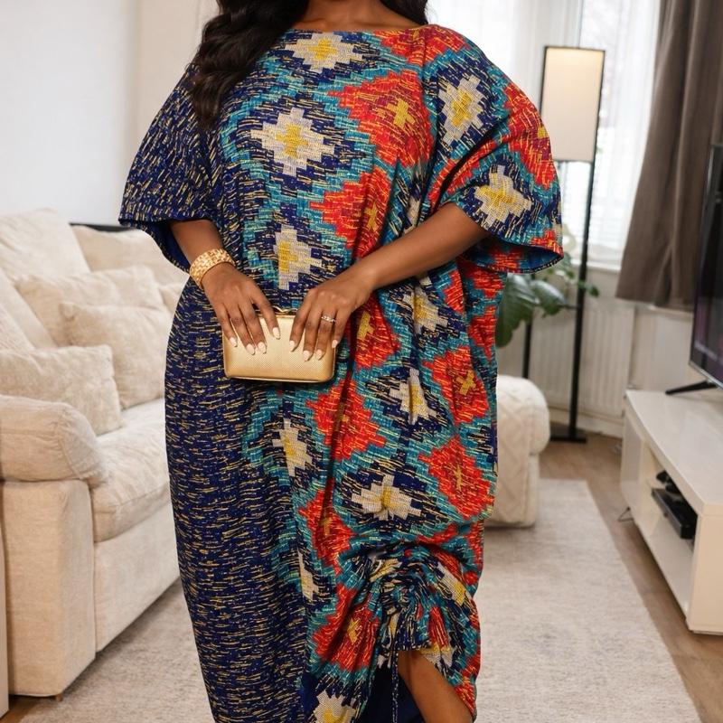 Elegant African Print Ruched Kaftan Dress for Church & Occasion Wear in Vibrant Bouou Pattern Womenswear Clothes