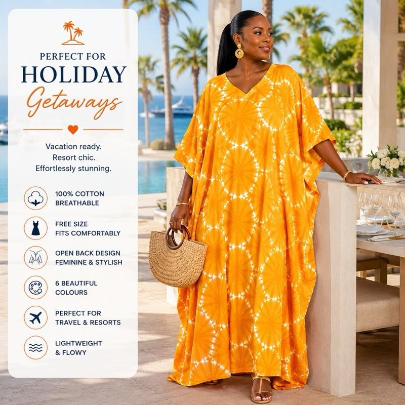 Women’s Cotton Adire Boubou Dress Free Size African Maxi Kaftan Open Back Summer Dress Breathable Casual UK Summer Fashion