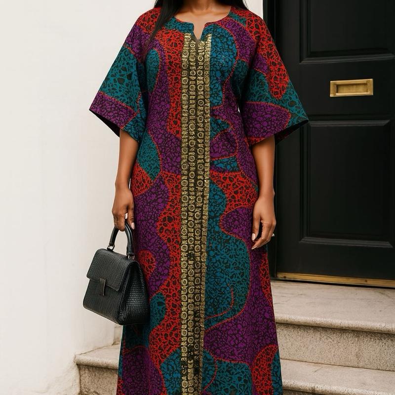 Elegant Ankara Kaftan Dress with Gold Embellishment UK 14-20 - Colorful African Print Maxi Dress for Women Casual Womenswear